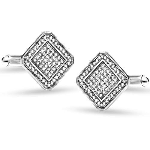 LeCalla 925 Sterling Silver Cufflinks for Men | Cubic Zirconia Square Cuff Links Gifts for Men, Husband | Shirt Cufflinks for Groom - style: White CZ Cufflinks