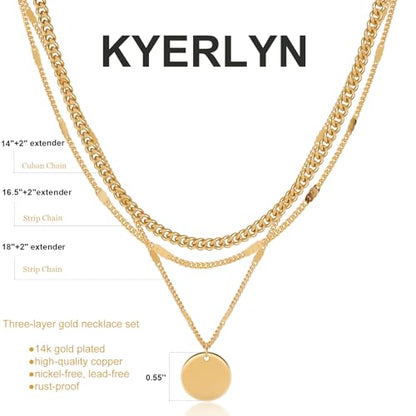 Layered Gold Silver Necklaces for Women, Stackable Stack 14K Real Gold Plated Silver Chain Necklace Diamond Circle CZ Layering Pendant Necklaces Trendy Gold Jewelry Set Gifts - color: gold, style: 3PC-Coin