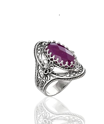Filigranist 925 Sterling Silver Handcrafted Filigree Art Flower Pattern Woman Oval Statement Ring, Gift Boxed - color: Ruby Corundum