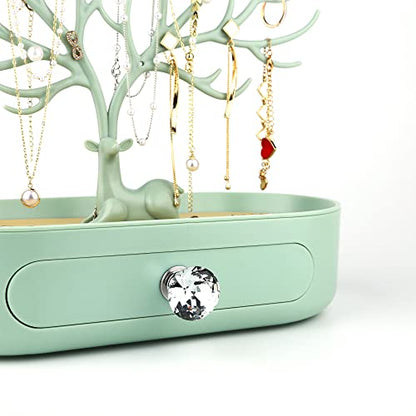 MORE&LESS Antlers Jewelry Display Stand with Drawer and Crystal Handle, Tree Tower Rack Hanging Organizer for Ring Earrings Necklace Bracelet - color: C Matcha Green-Drawer-Crystal Handle