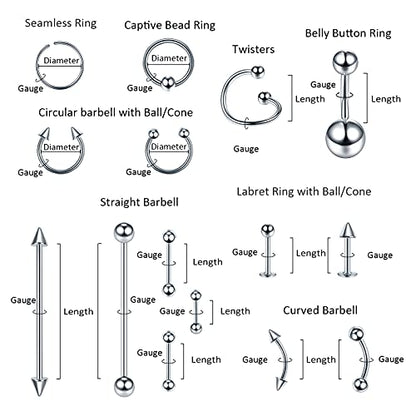 Oveta 150-151PCS Body Piercing Jewelry Lot 14G 16G 20G Stainless Steel Nose Lip Tongue Cartilage Tragus Eyebrow Industrial Barbell Belly Button Rings Piercing Kit Jewelry - style: 150pcs-Silver
