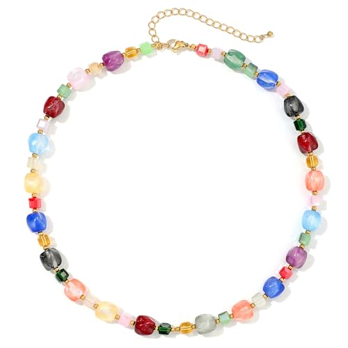 Chunky Beaded Necklaces for Women Trendy Colorful Acrylic Bead Statement Necklace Puffy Heart Pendent Necklaces for Women Boho Fashion Jewelry - color: H-colorful beads
