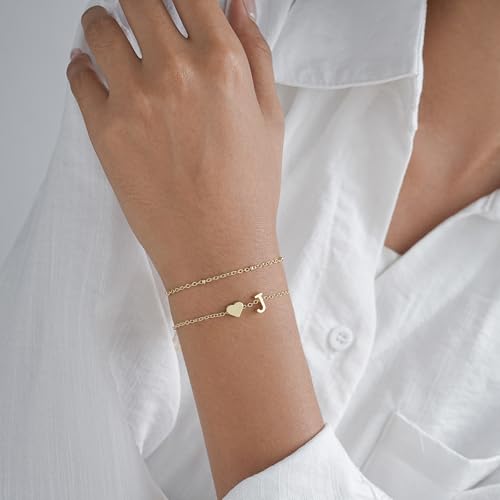 Gold Initial Bracelets for Women Trendy, Dainty Layered 14K Gold Plated Heart Letter Charm Bracelets, letter beads for name bracelets Jewelry Gifts - color: Gold-J