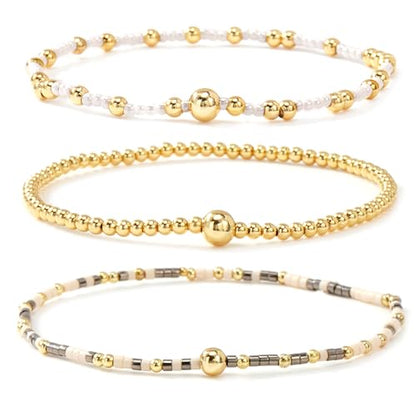 Gold Beaded Bracelet Stack for Women Colorful Small Seed Beads Bracelets Set Boho 14K Gold Plated Ball Stackable Stretch Non-Tarnish Dainty Jewelry Trendy Accessory Friendship Gift - color: khaki and white