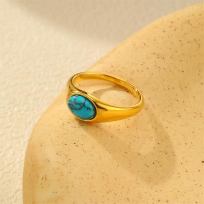 HIJONES Women's Stainless Steel Oval Opal Gemstone Dome Stacking Signet Ring Charming Wedding Jewelry - color: Blue Stone