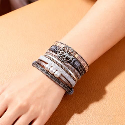 Leather Wrap Bracelets for Women, Boho Leopard Multi-Layer Crystal Beads Cuff Jewelry - color: J-Warp-005