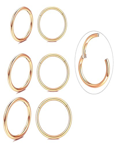 Unisex Dainty Tiny 18k Real Gold Plating Cartilage Huggie Hoop Earrings, 16G Surgical Steel Small Endless Hinged Hoops Earring for Earlobe Cartilage Helix Rook Daith Conch Nose Lip Body Piercing Jewelry - color: Rose Gold 6/8/10mm