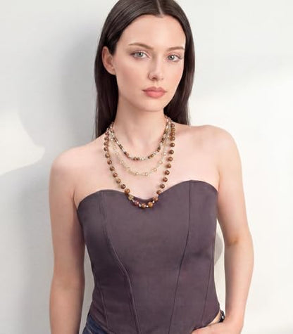Noessla Layered Beaded Necklaces for Women - 3 Strand Boho Statement Choker Fashion Jewelry Gifts - color: Brown