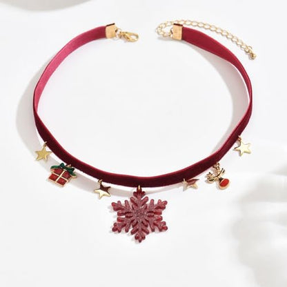 Christmas Choker Necklace for Women Xmas Gift Snowflake Red Velvet Pendant Necklace Red Velvet Reindeer Choker Necklaces Christmas Party Costume Accessories - style: snowflake