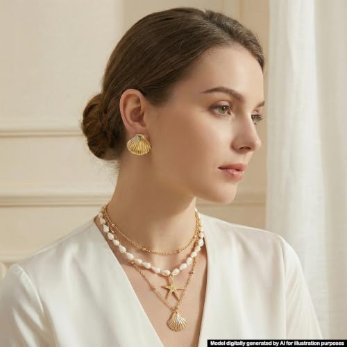 Beach Jewelry for Women - 32 Pcs Mermaid Jewelry Set | Includes Layering Seashell Necklace, Starfish Bracelets, Shell Earrings and Rings, Coastal Jewelry for Women