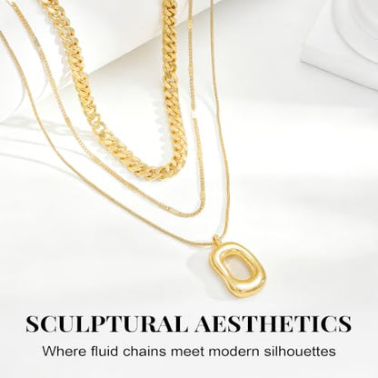 14K Gold/Silver Plated Dainty Snake Chain Layered Necklace for Women | Irregular Oval Pendant Minimalist Dainty Statement Gold Layering Everyday Jewelry - color: Gold - Sandblasted