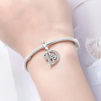 2 Pack 925 Sterling Silver Butterfly Letter Charms for Bracelets and Necklace Alphabet Initial Dangle Pendants Round Spacer Beads Pave Cubic Zirconia Jewelry Gift for Women - color: D Set