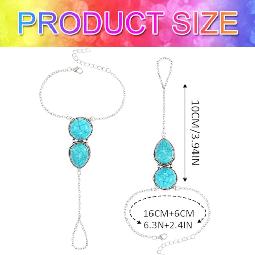 GORTIN Turquoise Hand Chain Bracelets Ring Link Chain Bracelet Set Boho Hand Chain Jewelry for Women Pack of 2