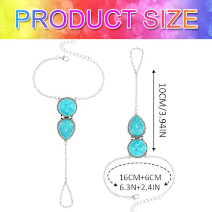 GORTIN Turquoise Hand Chain Bracelets Ring Link Chain Bracelet Set Boho Hand Chain Jewelry for Women Pack of 2