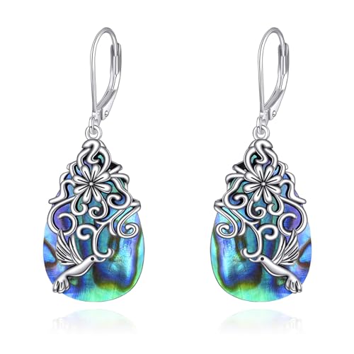 POPLYKE Dragonfly Butterfly Hummingbird Sunflower Earrings 925 Sterling Silver Abalone Shell Moonstone Leverback Earrings Jewelry - style: Hummingbird