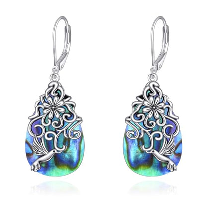 POPLYKE Dragonfly Butterfly Hummingbird Sunflower Earrings 925 Sterling Silver Abalone Shell Moonstone Leverback Earrings Jewelry - style: Hummingbird