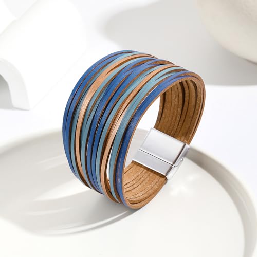 Fesciory Leather Wrap Bracelets for Women, Boho Western Layered Jewelry | Layered leather cuff bracelets, Easy on and off, Boho western style, Daily wear, Gift for women - color: Blue 4