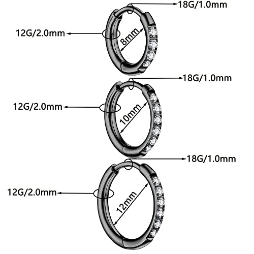 3 Pairs Huggie Hoop Earrings,Cartilage Hoop Earring Cubic Zirconia Cuff Surgical Stainless Steel Earrings - color: Black