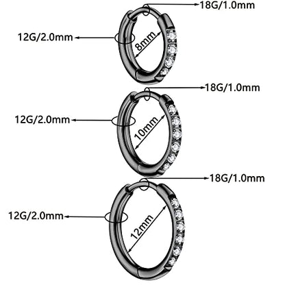 3 Pairs Huggie Hoop Earrings,Cartilage Hoop Earring Cubic Zirconia Cuff Surgical Stainless Steel Earrings - color: Black