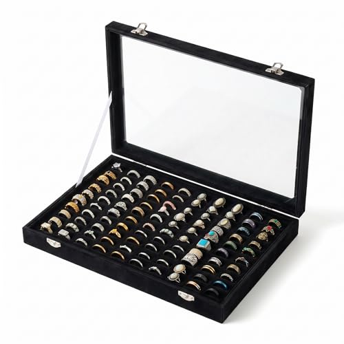 100 Slots Ring Organizer Tray,Velvet Ring Box with Clear Lid | Velvet Lining Provides Protection,Fits Rings of Various Sizes,Glass Lid Jewelry Tray,for Personal Use and Ring Display - color: Black
