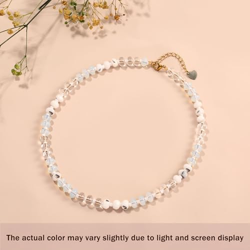 Joya Love Colorful Gemstone Beaded Necklaces For Women Trendy Rainbow Natural Stone Boho Handmade Stainless Steel Waterproof Strand Necklaces Jewelry For Women Gift - color: White