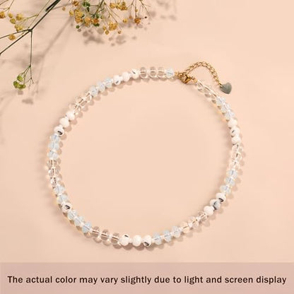 Joya Love Colorful Gemstone Beaded Necklaces For Women Trendy Rainbow Natural Stone Boho Handmade Stainless Steel Waterproof Strand Necklaces Jewelry For Women Gift - color: White