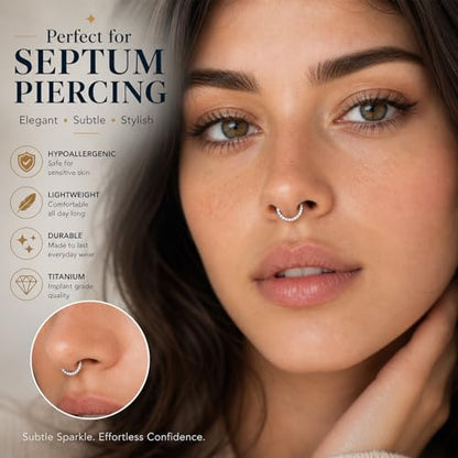 2PCS 16G Titanium Nose Rings for Women, Nostril and Septum | F136 Implant Grade Titanium, Hypoallergenic, 1.2 mm ×8 mm, Faceted and CZ Hinged Clicker Hoops for Nostril or Septum - color: Style A Silver-10mm