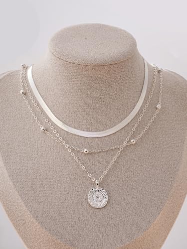 Necklaces 14K Silver Plated Three-Layer Set Shiny Ball Small Chain Circle Pendant Opulent Jewelry Lobster Clasp Adjustable Extende - style: 14K Silver 3-Layered+Bead Chain+Snake Chain