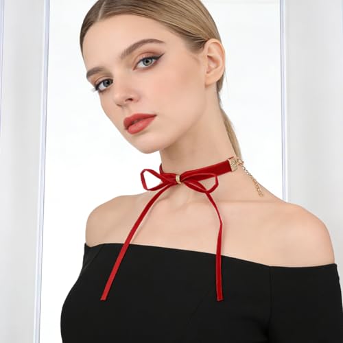 Trinkrittey Gothic Bow Knot Velvet Choker Red Velvet Choker Vintage Necklace Ribbon Collar Necklace for Women Party Jewelry Accessories