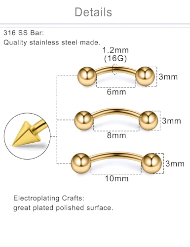 Eyebrow Piercing Jewelry Surgical Steel Curved Barbell Tiny Eyebrow Ring Vertical Labret Lip Jewelry Ear Rook Small Belly Button Ring for Women Men 16g 6mm/8mm/10mm