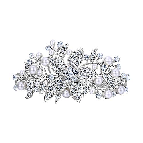 EVER FAITH Austrian Crystal Bridal Hibiscus Cream Simulated Pearl Hair Clip Barrette Clear Silver-Tone - color: Clear