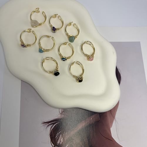 Chakra Crystal Ring Adjustable Gemstone Rings Wire Wrapped Irregular Crystal Ring Gemstone Carnelian Rose Quartz Amethyst Evil Eye Tiger Eyes Crystal Ring for Women - color: Sky Blue Eyes