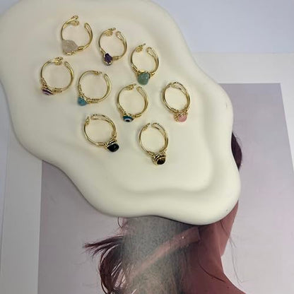Chakra Crystal Ring Adjustable Gemstone Rings Wire Wrapped Irregular Crystal Ring Gemstone Carnelian Rose Quartz Amethyst Evil Eye Tiger Eyes Crystal Ring for Women - color: Sky Blue Eyes