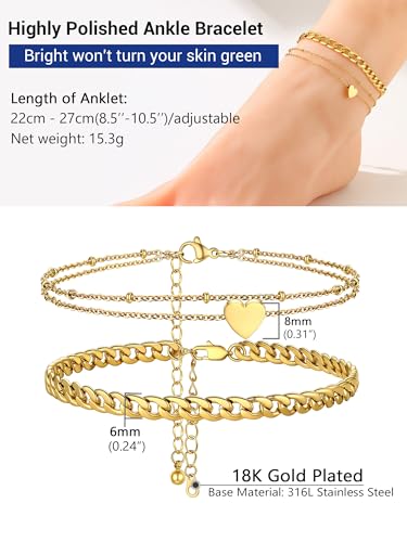 PROSTEEL Trendy Handcuffs Design/Customize Words Ankle Bracelet For Women, 316L Stainless Steel Anklets Silver/Gold/Black Tone, Hypoallergenic, Come with Box - style: 05.2 Layered-Cuban&Heart-Gold