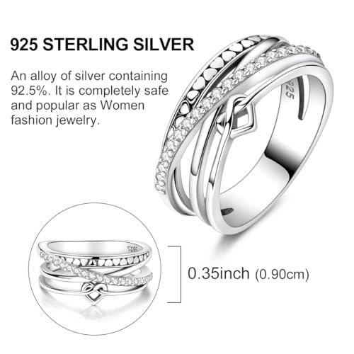 MULA S925 Sterling Silver Ring Multi-layered Interlaced Heart-shaped Band | Eternity Ring for Women with CZ Cubic Zirconia Wide Finger Rings Costume Jewelry