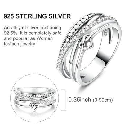 MULA S925 Sterling Silver Ring Multi-layered Interlaced Heart-shaped Band | Eternity Ring for Women with CZ Cubic Zirconia Wide Finger Rings Costume Jewelry