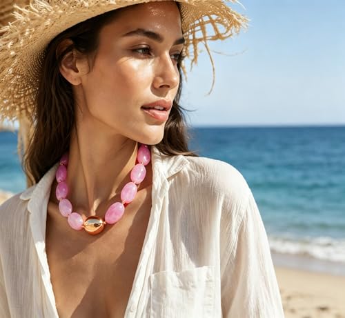 Chunky Beads Necklace for Women Trendy Gold Puffy Heart Choker Necklace Colorful Resin Beaded Heart Pendant Necklaces Statement Jewelry - color: Oval Beads-Pink