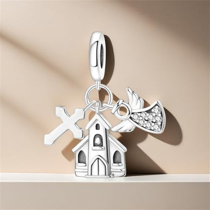 925 Sterling Silver Charms for Bracelets and Necklace Religious Cross Pendants Praying Hands, Bible, Virgin Mary, Jesus, Church Bead Jewelry - color: Church angel cross