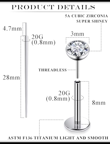 20G 18G 16G F136 Titanium Threadless Flat Back Earrings Nose Studs Tragus Forward Helix Conch Cartilage Lobe Earrings Medusa Labret Snake Bite Monroe Lip Ring Piercing Jewelry For Women Men - size: 20G-8MM Bar-CZ 3MM