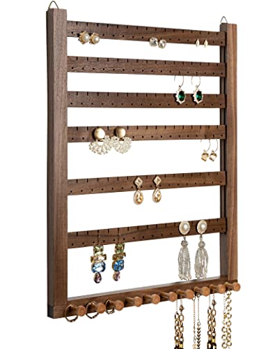 Mymazn Easy Assemble Solid Walnut Wood Earring Wall Holder Hanging Jewelry Organizer Necklace Holder Earring Hanger Wall Mount Jewelry Organizer for Necklaces Rings Scruncies Organization - color: brown