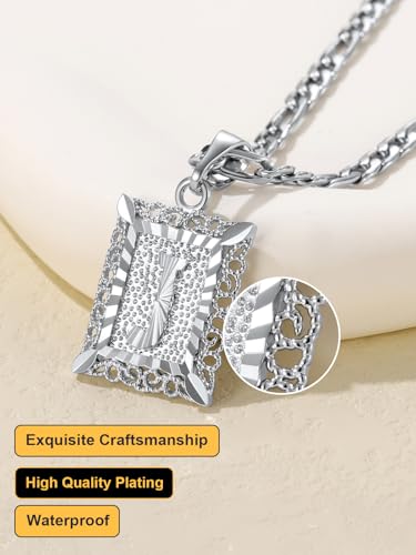 U7 Initial Letter Necklace for Men Women, 14K Gold/Silver Plated Square Capital Monogram Pendant Necklace from A-Z with 22+2 Inch Figaro Chain, Personalized Jewelry for Him - color: Silver, style: J