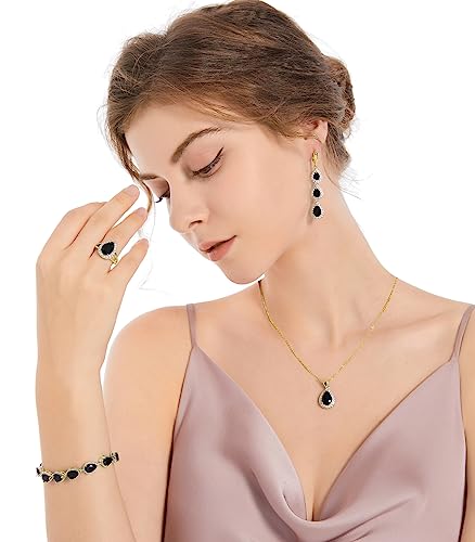 LMXXVJ Necklace Long Earrings Bracelet Set, White Gold Plated Created Blue Sapphire Jewelry Set Wedding Party Gift Jewelry for Women Bridal Bridesmaid - color: Gold-Black Ring
