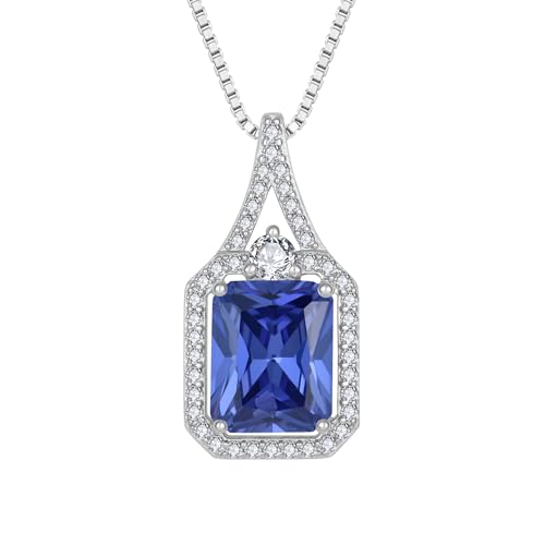 Created Gemstone Necklace 925 Sterling Silver Halo Rectangular Pendant Birthstone Necklaces Jewelry Gifts for Women - color: 12 December - Tanzanite