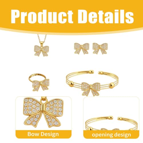 1 Set 4 Pcs Bow Jewelry Set Silver-tone Rhinestone Adjustable Bow Necklace, Earrings, Bracelet, Ring for Women, Party, Daily - color: Gold