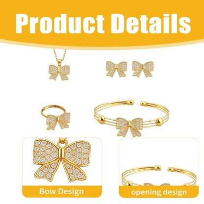 1 Set 4 Pcs Bow Jewelry Set Silver-tone Rhinestone Adjustable Bow Necklace, Earrings, Bracelet, Ring for Women, Party, Daily - color: Gold