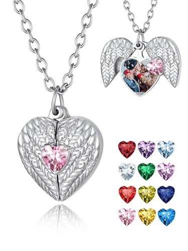 FindChic Locket Necklace for Women Custom Photo Memorial Gifts 4 Colors | Silver/Black/Rose Gold/Gold Plated Personalized for Loved Ones, Birthday Valentine's Day Keepsake - style: 04. Birthstone Style 1-Silver