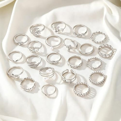 Golden Knuckle Rings Set for Women, 14k Golden Plated Open Stacking Knuckle Midi Rings Dainty Cubic Zirconia Crystal Simple Hollow Cute Rings Pack Jewelry Gifte - color: Silvery 23PCS