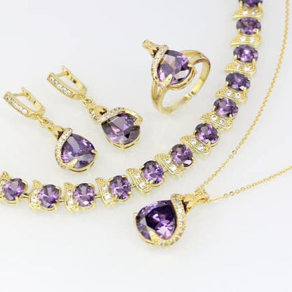 GZWHD Jewelry Set for Women Water Drop Cubic Zirconia Artificial Crystal Earrings Pendant Necklace Open Ring Tennis Bracelet Wedding Anniversary Birthday Engagement Gift for Bridesmaid Wife Girlfriend Friend - color: Gold-Purple