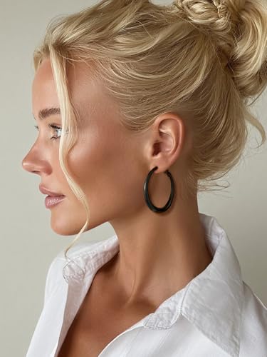 KeyStyle 5mm Thick Hoop Earring，Large Gold Hoop Earrings for Women | Stainless Steel Hoops Earring 14K Gold Plated/Silver/Black Hoop Lightweight Hypoallergenic Hollow Tube Hoop(40/60/80MM) - color: Black, size: 40mm