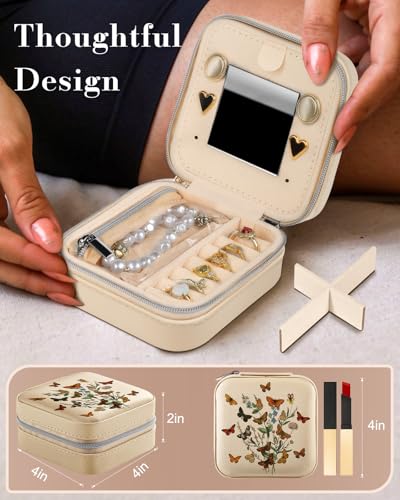 Bistup Travel Jewelry Case - Small Jewelry Organizers and Storage Box for Women Girls Teens Cute Traveling Jewelry Holder with Mirror Little Tiny Compact Flower Modern Unique Aesthetic Pretty - style: Buttefly Flower